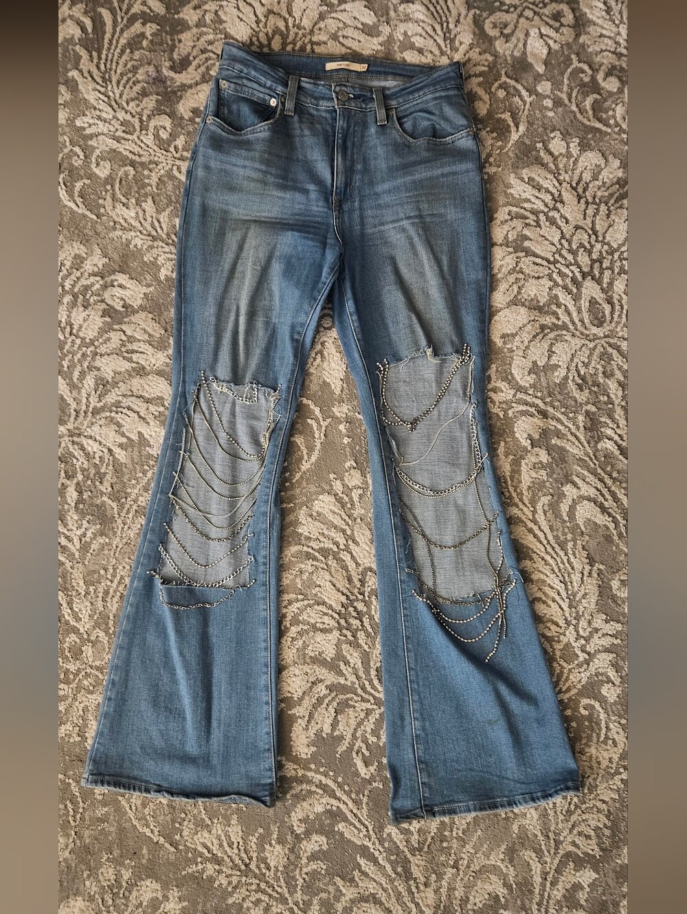 Levi Blue Women's Flared Jeans Distressed Handcrafted Rhinestone Chain Panels